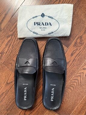 Prada Black Pebbled Leather Slip-On Loafers